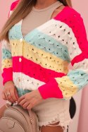 Sweter damski ażurowy w paski z dekoltem V fuksja + żółty  