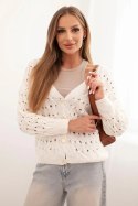 Sweter damski ażurowy z dekoltem V i złotymi guzikami ecru  
