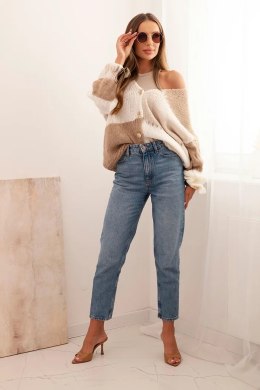 Sweter damski w paski z guzikami camelowy + beżowy  