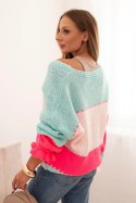 Sweter damski w paski z guzikami jasny różowy + miętowy  