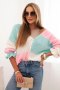 Sweter damski w paski z guzikami miętowy + pudrowy róż  