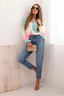 Sweter damski w paski z guzikami miętowy + pudrowy róż  