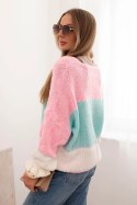 Sweter damski w paski z guzikami miętowy + pudrowy róż  