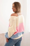 Sweter damski w paski z guzikami żółty + jasny różowy  