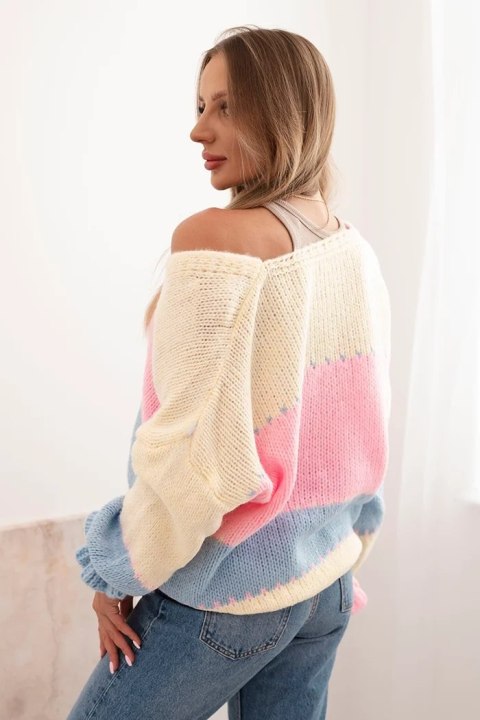 Sweter damski w paski z guzikami żółty + jasny różowy Sweter damski w paski z guzikami żółty + jasny różowy