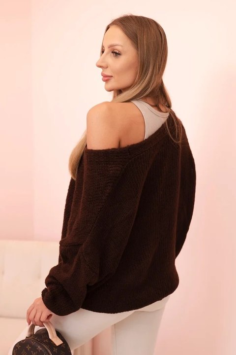 Sweter damski z dekoltem V i guzikami brązowy Sweter damski z dekoltem V i guzikami brązowy