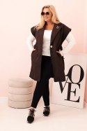 Kamizelka damska Plus Size pikowana z paskiem i kołnierzem brązowa  