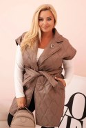 Kamizelka damska Plus Size pikowana z paskiem i kołnierzem fango  