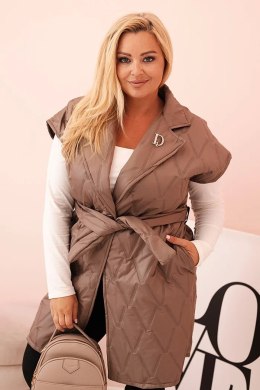 Kamizelka damska Plus Size pikowana z paskiem i kołnierzem fango  