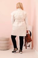 Kamizelka damska Plus Size pikowana z paskiem i kołnierzem jasny beżowy  