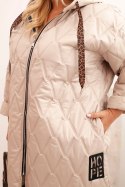 Kurtka damska Plus Size pikowana z kapturem i napisem HOPE ciemno beżowa  