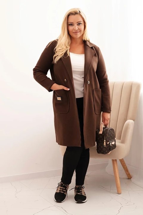 Płaszcz damski elegancki Plus Size z kołnierzem i dużymi kieszeniami brązowy  