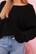 Sweter damski  z moheru z marszczonymi rękawami i wycięciem na plecach czarny  