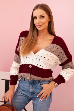 Sweter damski ażurowy w paski z dekoltem V bordowy + jasny beżowy  