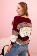 Sweter damski ażurowy w paski z dekoltem V bordowy + jasny beżowy  