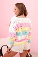 Sweter damski ażurowy w paski z dekoltem V ecru + żółty  
