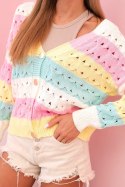 Sweter damski ażurowy w paski z dekoltem V ecru + żółty  