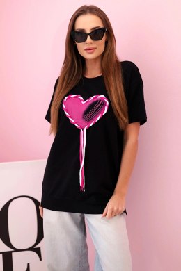 T-shirt damski bawełniany  oversize z sercem i frędzlami czarna  