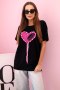T-shirt damski bawełniany  oversize z sercem i frędzlami czarna  