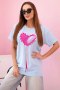 T-shirt damski bawełniany  oversize z sercem i frędzlami niebieska  