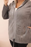 Bluza damska Plus Size dekatyzowana z kapturem i nadrukiem BKLYN grafitowa  