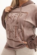 Bluza damska Plus Size dekatyzowana z kapturem i nadrukiem brązowa  