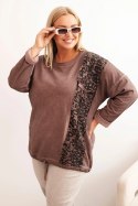 Bluza damska Plus Size z bawełną z lampasem panterka i troczkiem brązowa  
