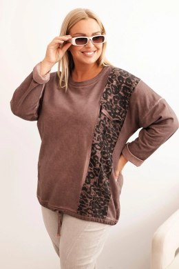 Bluza damska Plus Size z bawełną z lampasem panterka i troczkiem brązowa  