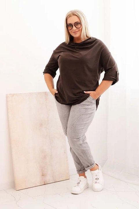 Bluzka damska Plus Size z bawełną o luźnym kroju z dekoltem wodnym brązowa Bluzka damska Plus Size z bawełną o luźnym kroju z dekoltem wodnym brązowa