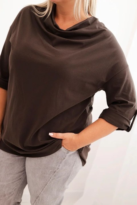 Bluzka damska Plus Size z bawełną o luźnym kroju z dekoltem wodnym brązowa Bluzka damska Plus Size z bawełną o luźnym kroju z dekoltem wodnym brązowa
