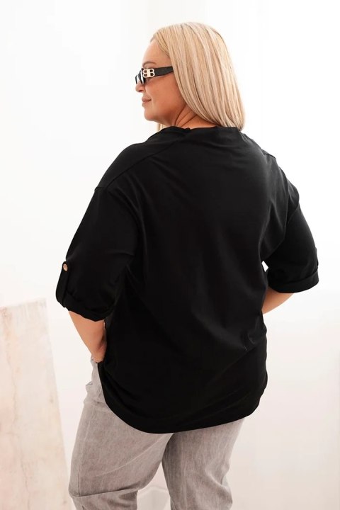 Bluzka damska Plus Size z bawełną o luźnym kroju z dekoltem wodnym czarna Bluzka damska Plus Size z bawełną o luźnym kroju z dekoltem wodnym czarna