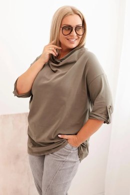 Bluzka damska Plus Size z bawełną o luźnym kroju z dekoltem wodnym khaki  