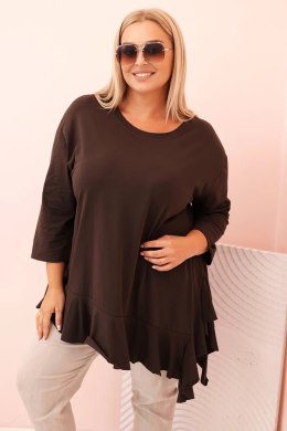 Bluzka damska Plus Size z bawełną z falbaną i rękawem podwijanym brązowa  