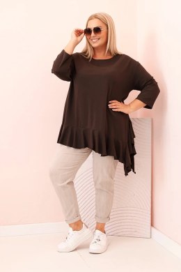 Bluzka damska Plus Size z bawełną z falbaną i rękawem podwijanym brązowa  