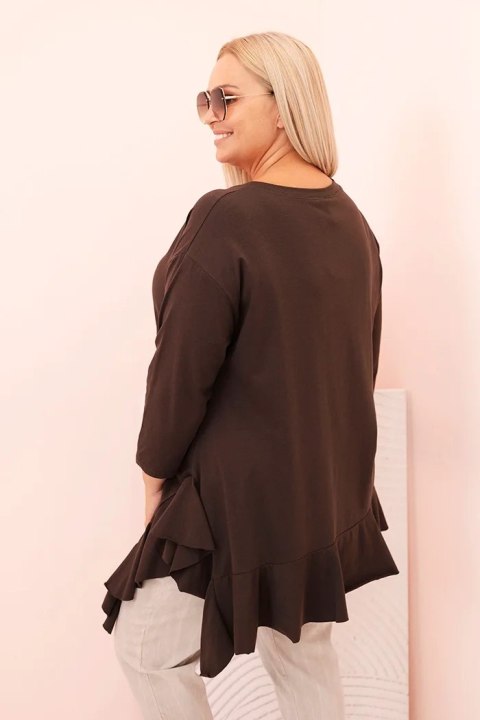 Bluzka damska Plus Size z bawełną z falbaną i rękawem podwijanym brązowa Bluzka damska Plus Size z bawełną z falbaną i rękawem podwijanym brązowa