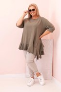 Bluzka damska Plus Size z bawełną z falbaną i rękawem podwijanym khaki  