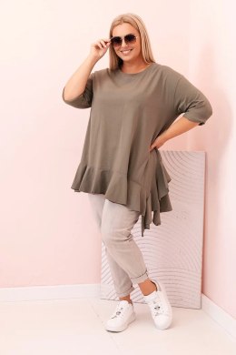 Bluzka damska Plus Size z bawełną z falbaną i rękawem podwijanym khaki  