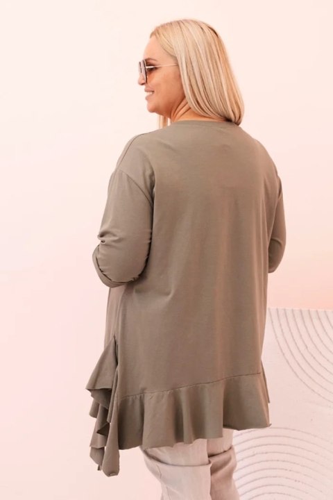 Bluzka damska Plus Size z bawełną z falbaną i rękawem podwijanym khaki  