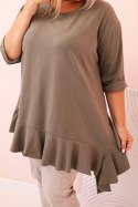 Bluzka damska Plus Size z bawełną z falbaną i rękawem podwijanym khaki  