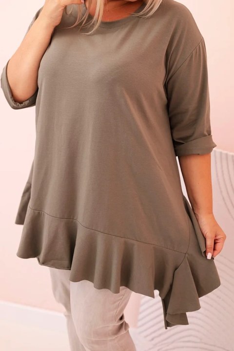 Bluzka damska Plus Size z bawełną z falbaną i rękawem podwijanym khaki  