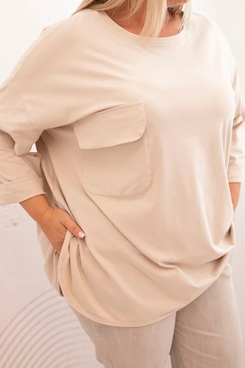 Bluzka damska Plus Size z bawełną z kieszenią i rękawem podwijanym beżowa Bluzka damska Plus Size z bawełną z kieszenią i rękawem podwijanym beżowa