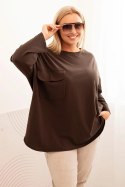 Bluzka damska Plus Size z bawełną z kieszenią i rękawem podwijanym brązowa  