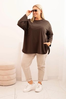 Bluzka damska Plus Size z bawełną z kieszenią i rękawem podwijanym brązowa  