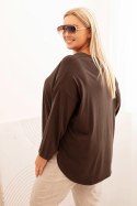 Bluzka damska Plus Size z bawełną z kieszenią i rękawem podwijanym brązowa  