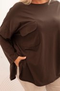 Bluzka damska Plus Size z bawełną z kieszenią i rękawem podwijanym brązowa  