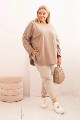 Bluzka damska Plus Size z bawełną z kieszenią i rękawem podwijanym fango  