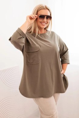 Bluzka damska Plus Size z bawełną z kieszenią i rękawem podwijanym khaki  