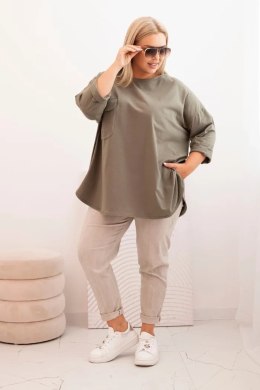 Bluzka damska Plus Size z bawełną z kieszenią i rękawem podwijanym khaki  