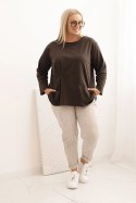 Bluzka damska plus size z bawełną z długim rękawem i marszczeniem brązowa  