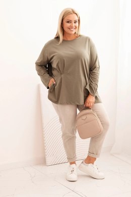 Bluzka damska plus size z bawełną z długim rękawem i marszczeniem khaki  